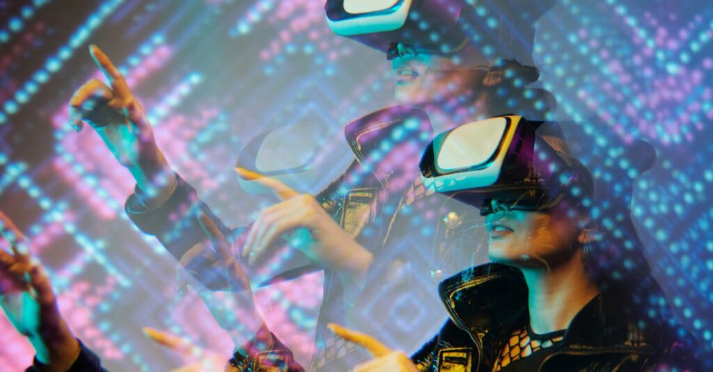 Woman enjoying a virtual reality simulation with futuristic graphics in a dimly lit room.